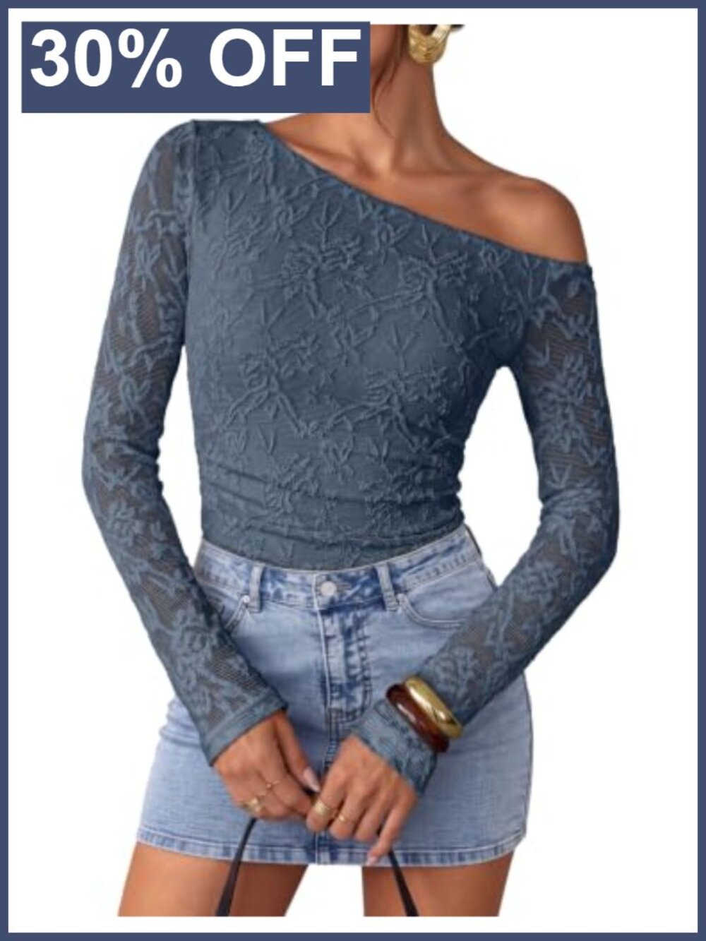 Off Shoulder Long Sleeve Lace Going Out Top Slim Fit Y2K